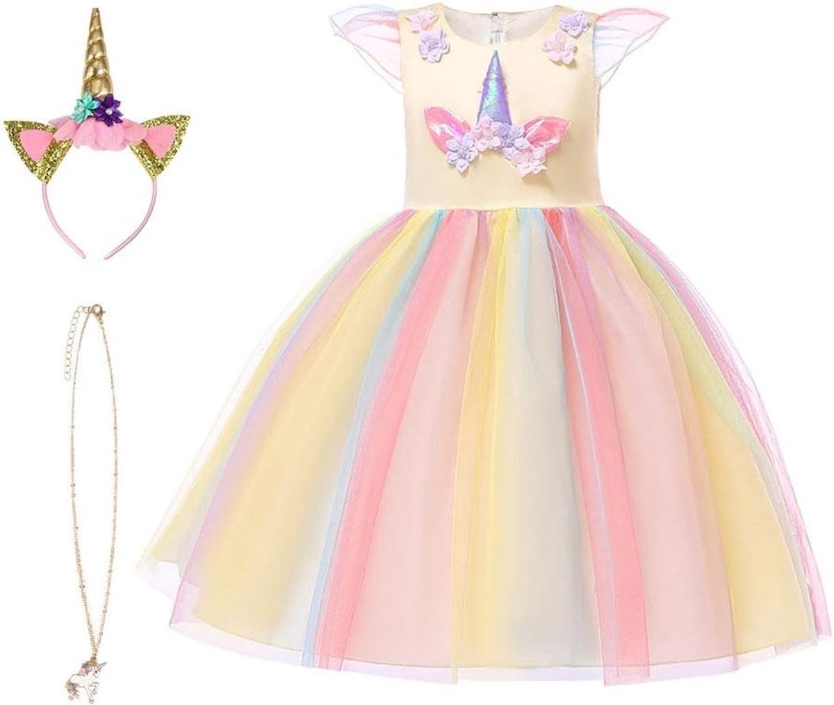 Unicorn Kostuum voor Meisjes, Prinsessenjurk met Sieraden en Hoofdband voor Verjaardagsfeest, Cosplay en Halloween, Leeftijd 2-10 Jaar