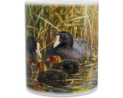 Mok met Meerkoet Fulica atra tussen Riet Aquarel - Panoramische Koffiemok Watervogels - Sfeervolle Beker Cadeau Dierenvriend - 330 ml