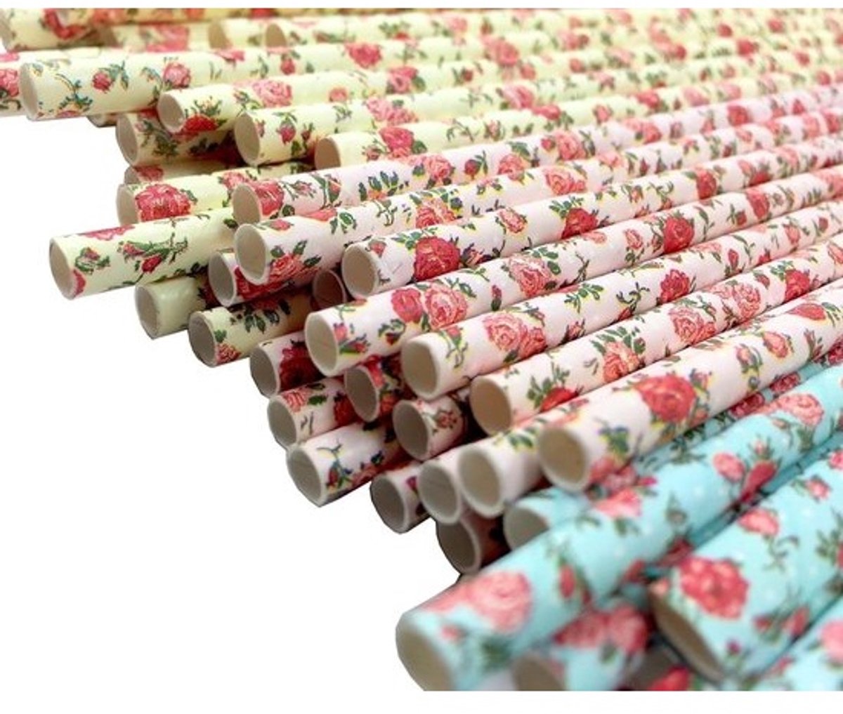 Bloemen papieren rietjes - Biologisch afbreekbare rietjes - Feestelijke drankjes - Trendy bloemenprint - 85 stuks - Blauw Roze Geel