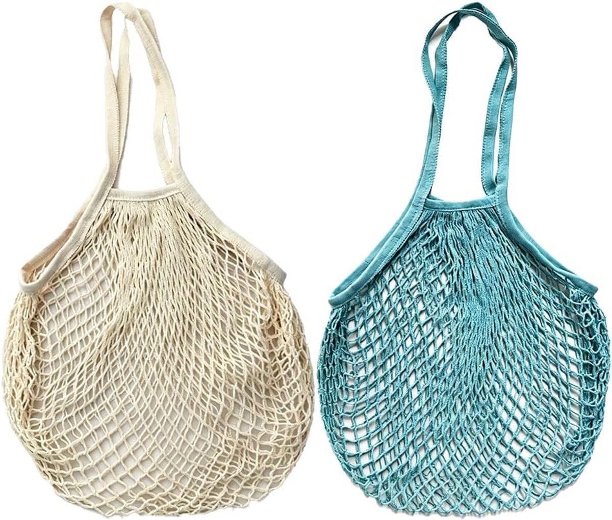 Grote herbruikbare netten katoen mesh tas met lange handvatten in beige, blauw en grijs voor boodschappen, fruit en groenten