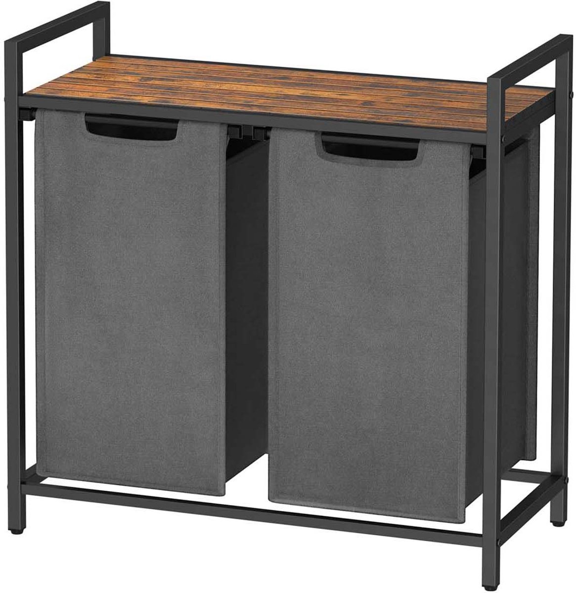 Wasmand met 2 vakken Wasgoed sorteerbak 73 x 33 x 72 cm zwart+bruin 2x46L grote capaciteit met verstelbare voetjes uittrekbare en afneembare waszakken en opbergrek Stevig metalen frame Geschikt voor wasruimte badkamer en slaapkamer
