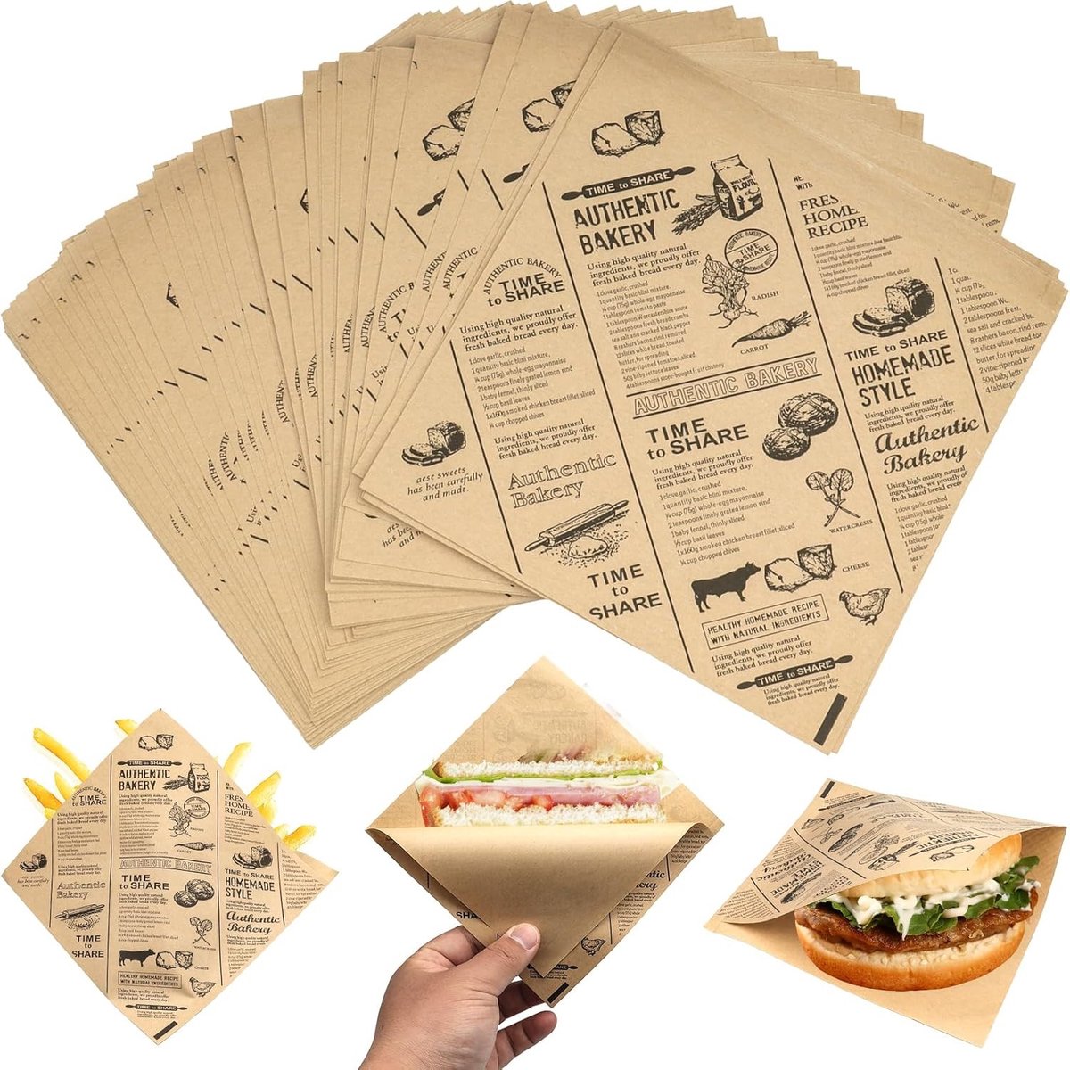 160 stuks vetbestendige voedselverpakkingen van 15x15 cm - Ideaal voor burgers, frietjes en sandwiches, multifunctionele papieren zakken