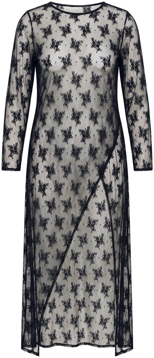 Ulla Popken - Dames - Maxi-jurk kant A-lijn ronde hals lange trompetmouwen - Zwart - Maat 58+