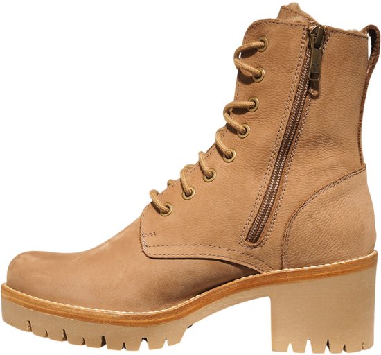 Lichtbruine leren veterboot met rits, blokhak en dikke zool.