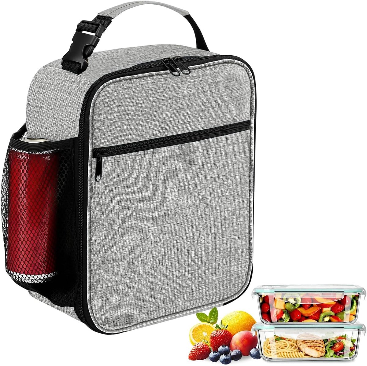Lunchtas en koeltas voor onderweg, ideaal voor picknick, kantoor, school en camping, lichtgrijs en compact