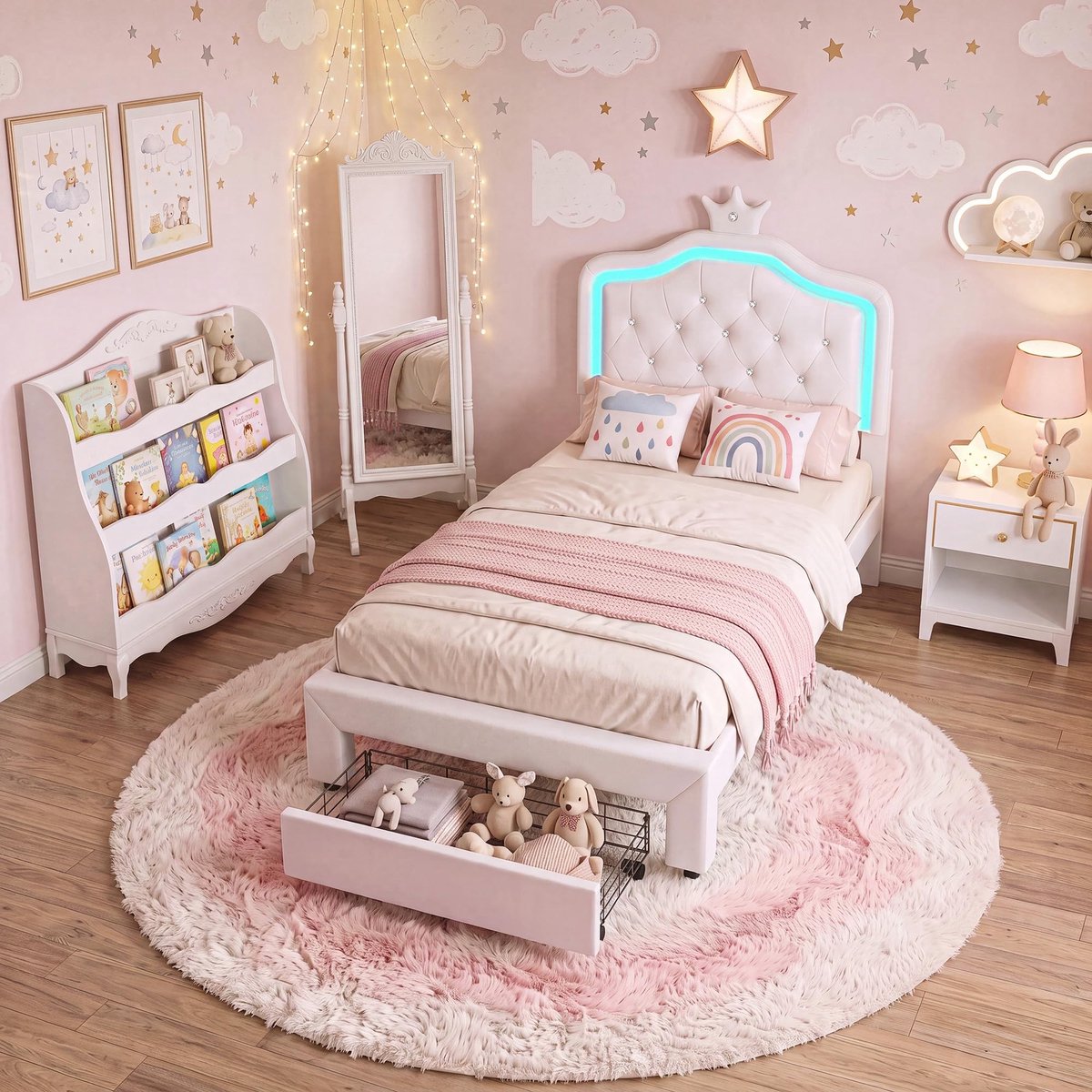 Kinderbed met LED verlichting - Wit met opbergruimte 90 x 200 cm