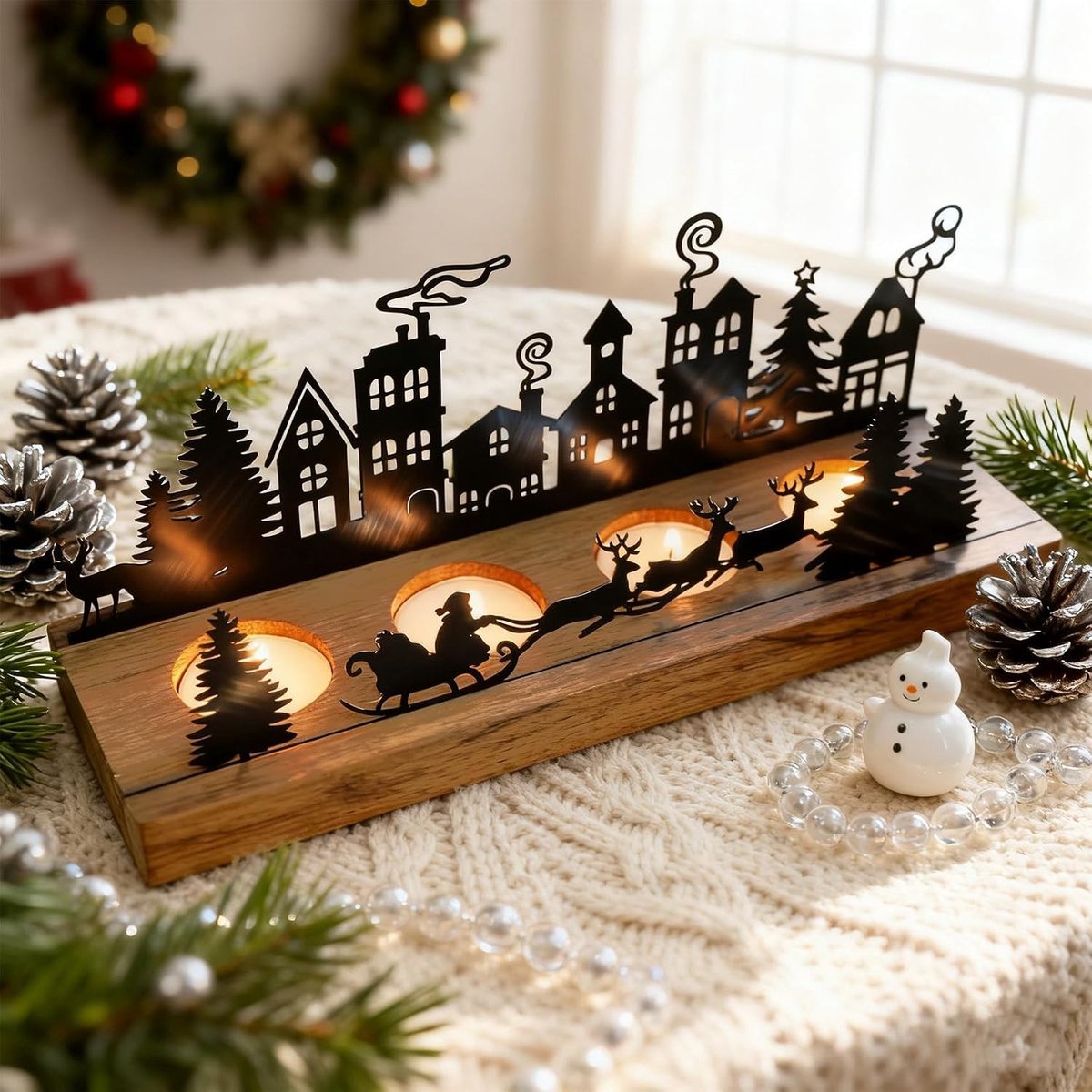 Moderne Adventskrans Kaarsenhouder voor Kerstmis - Oblong Theelichthouder met Houten Basis en Kaarsenplateau voor Sfeervolle Decoratie