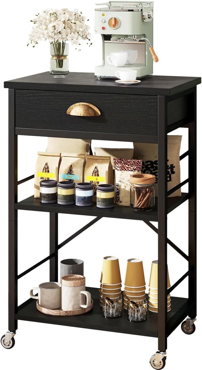 Keukenbakery rek met lades, 3-laags magnetronstandaard met opbergruimte, mobiele koffietafel met verstelbare planken en eenvoudige montage, rustiek bruin