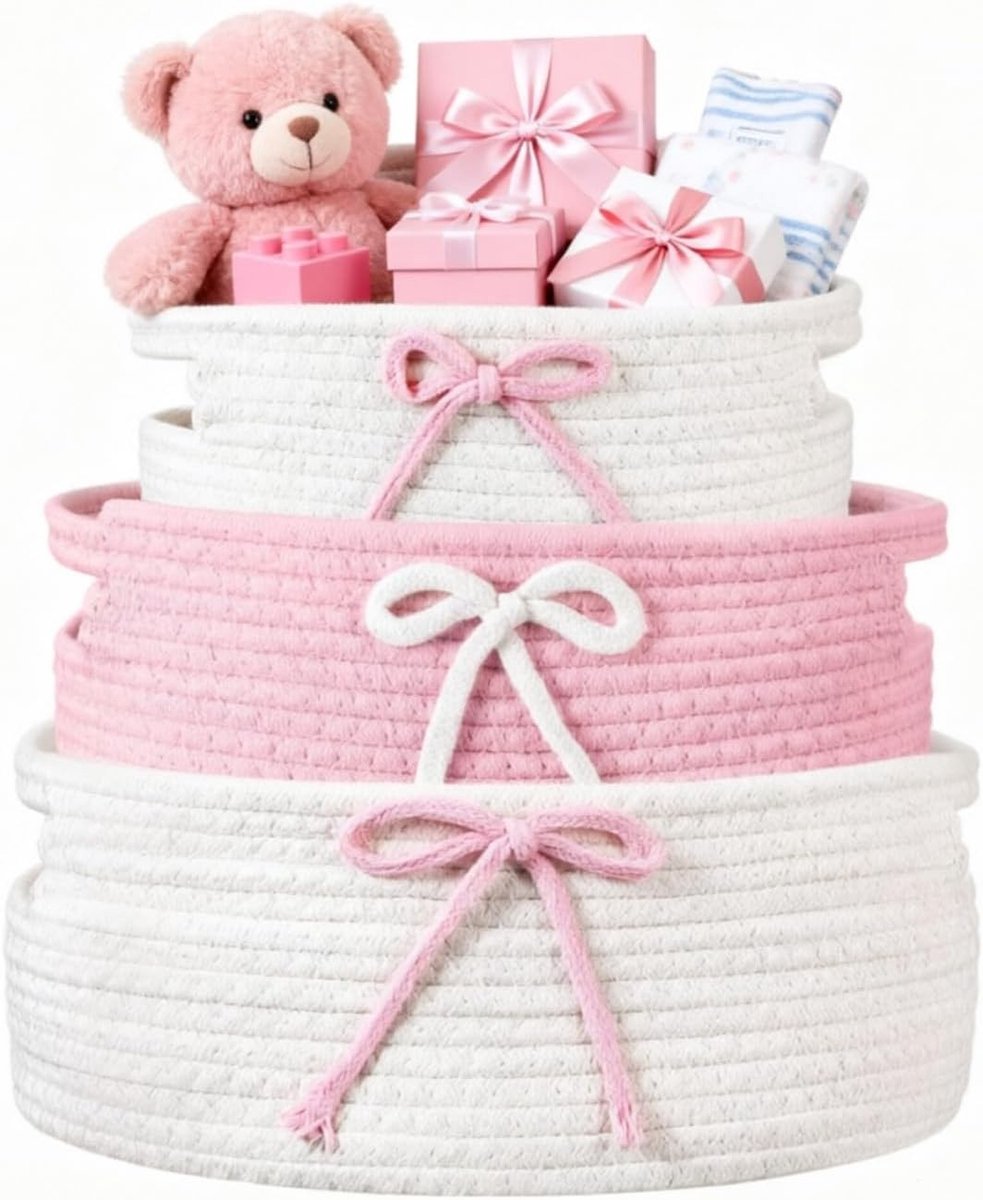 Roze Opbergmanden Set van 3, Gevlochten Mand met Handvat, Multifunctionele Mand voor Wasgoed en Organisatie in Woonkamer en Slaapkamer