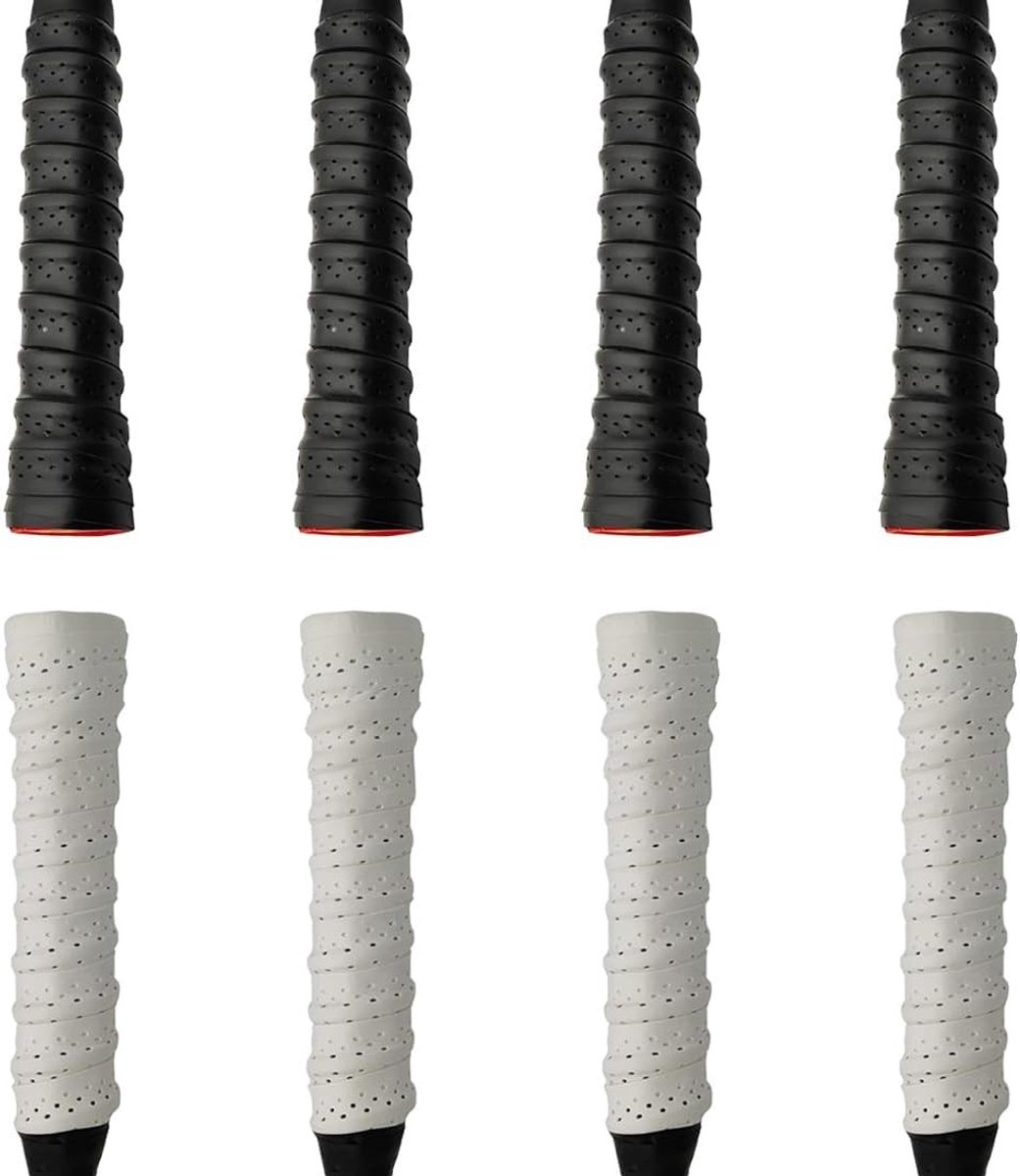 Set van 8 Gripbanden voor Tennisrackets met Keelontwerp, Antislip Overgrip voor Badminton, Squash en Padel, Vochtabsorberend, 4 Zwarte en 4 Witte Gripbanden