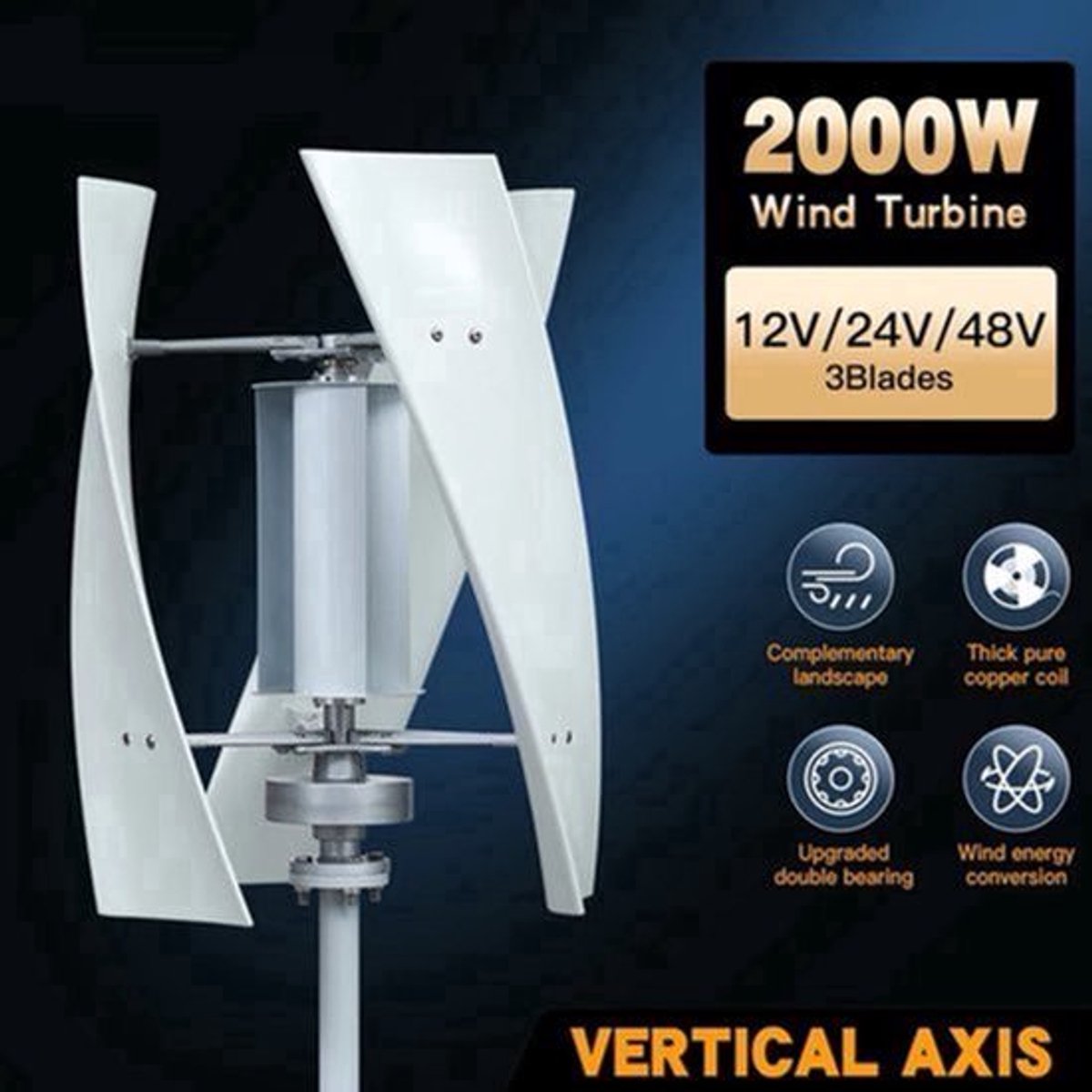 Verticale Windturbine – Horizontale Windmolen – Mini Windgenerator – Windkracht Turbine – 2000W Vermogen – 48V - MPPT Hybride Controle