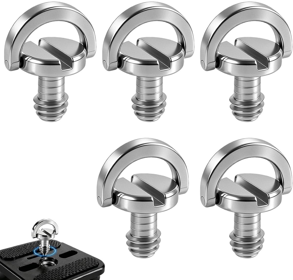 Set van 5 RVS Camera Bevestigingsschroeven 1/4"-20 met D-Ring voor Statief, Monopod en Camera Accessoires