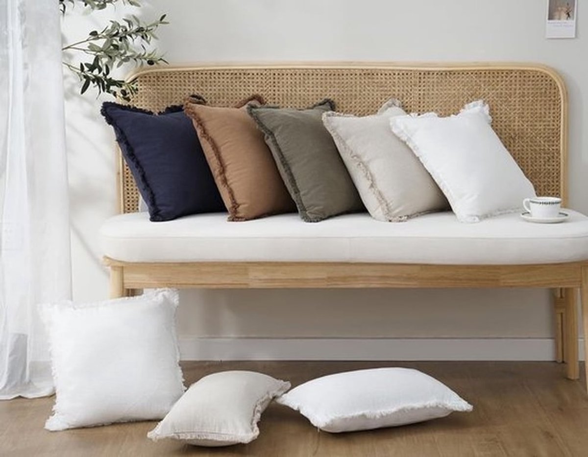 Set van 2 decoratieve linnen franje kussenslopen, gezellige Boho Farmhouse kussenhoes met kwastjes, zachte accentkussensloop voor bank, stoel