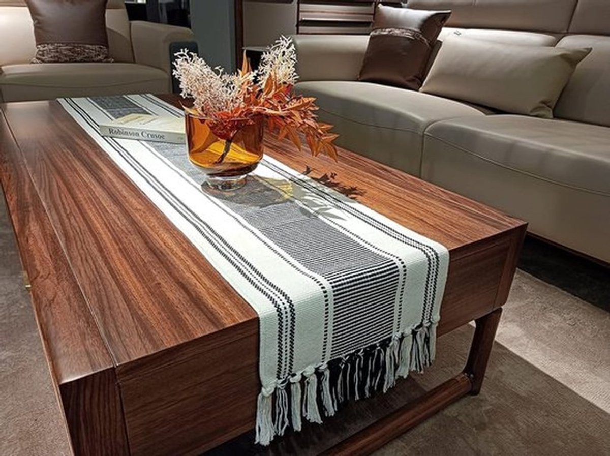 Tafelloper zwart-wit voor moderne boerderijinrichting, natuurlijke katoenen geweven loper met kwastjes voor eettafeldecoratie thuis, 13 x 72 inch lang