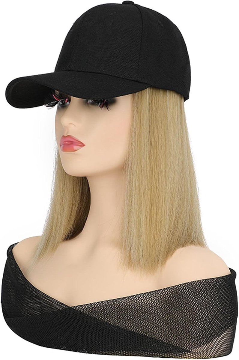 Haarextensions Baseball Cap, Korte Rechte Haarperuc met Pet, Synthetische Vrouwenperuc in Blonds Haar