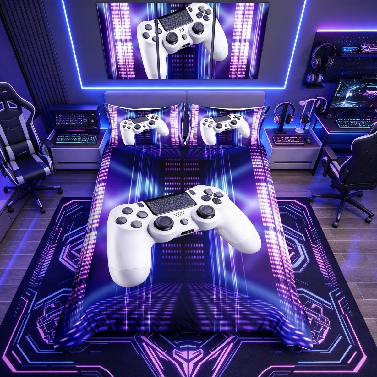 Gamer Dekbedovertrek Set - Modern Design - Blauw/Paarse Gamepad