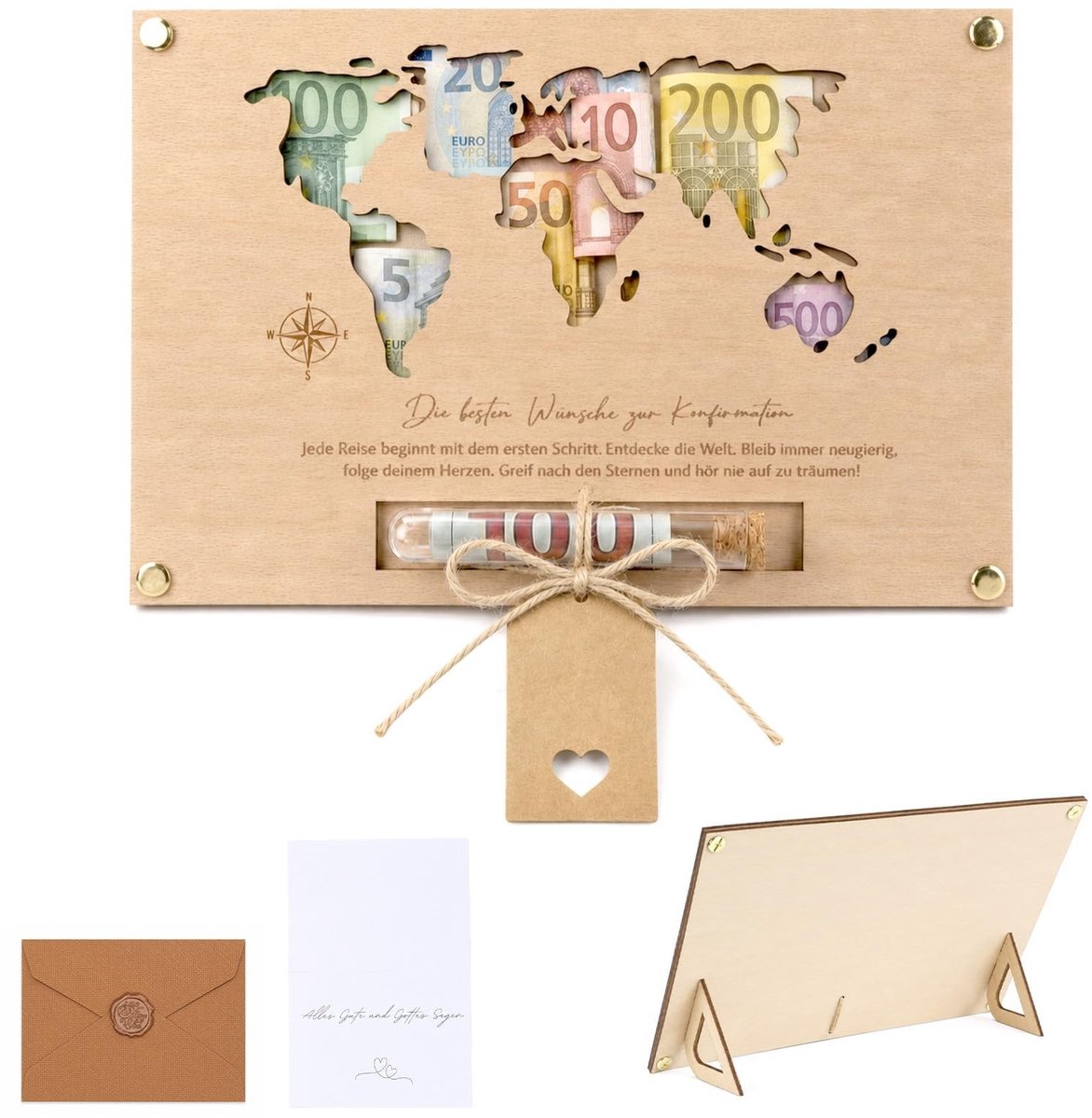 Houten Geldgift Bevestiging - Wereldkaart - 25x17cm