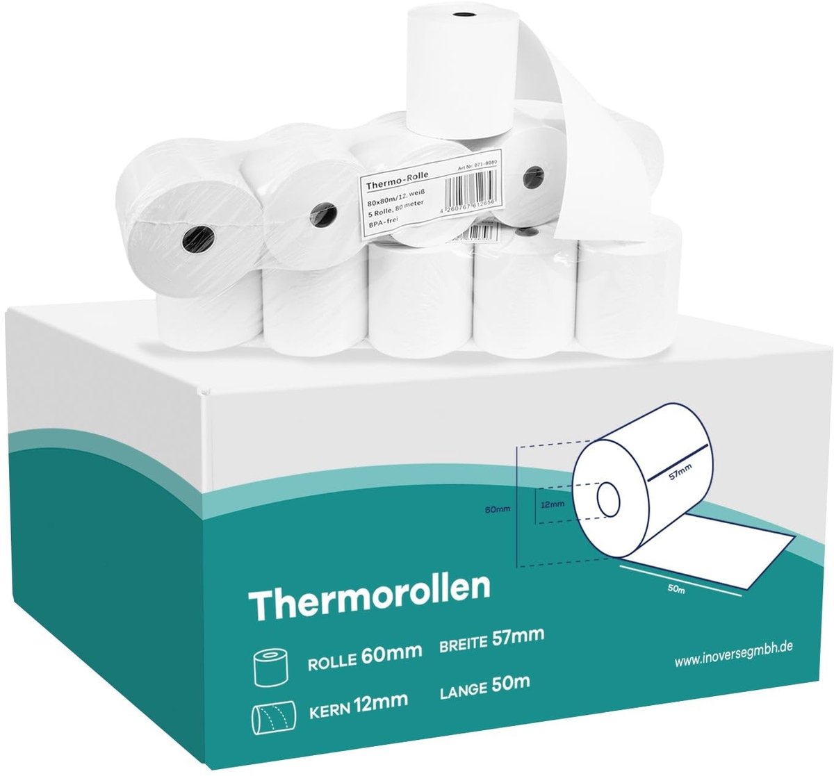 Thermische rollen voor kassa - 57 mm x 60 mm x 12 mm, 50 stuks
