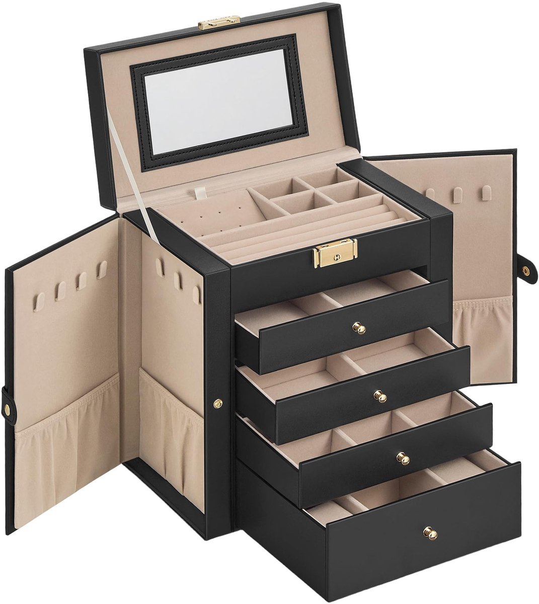 Sieraden Organizer met 4 Lades en Spiegel - Zwart Beige
