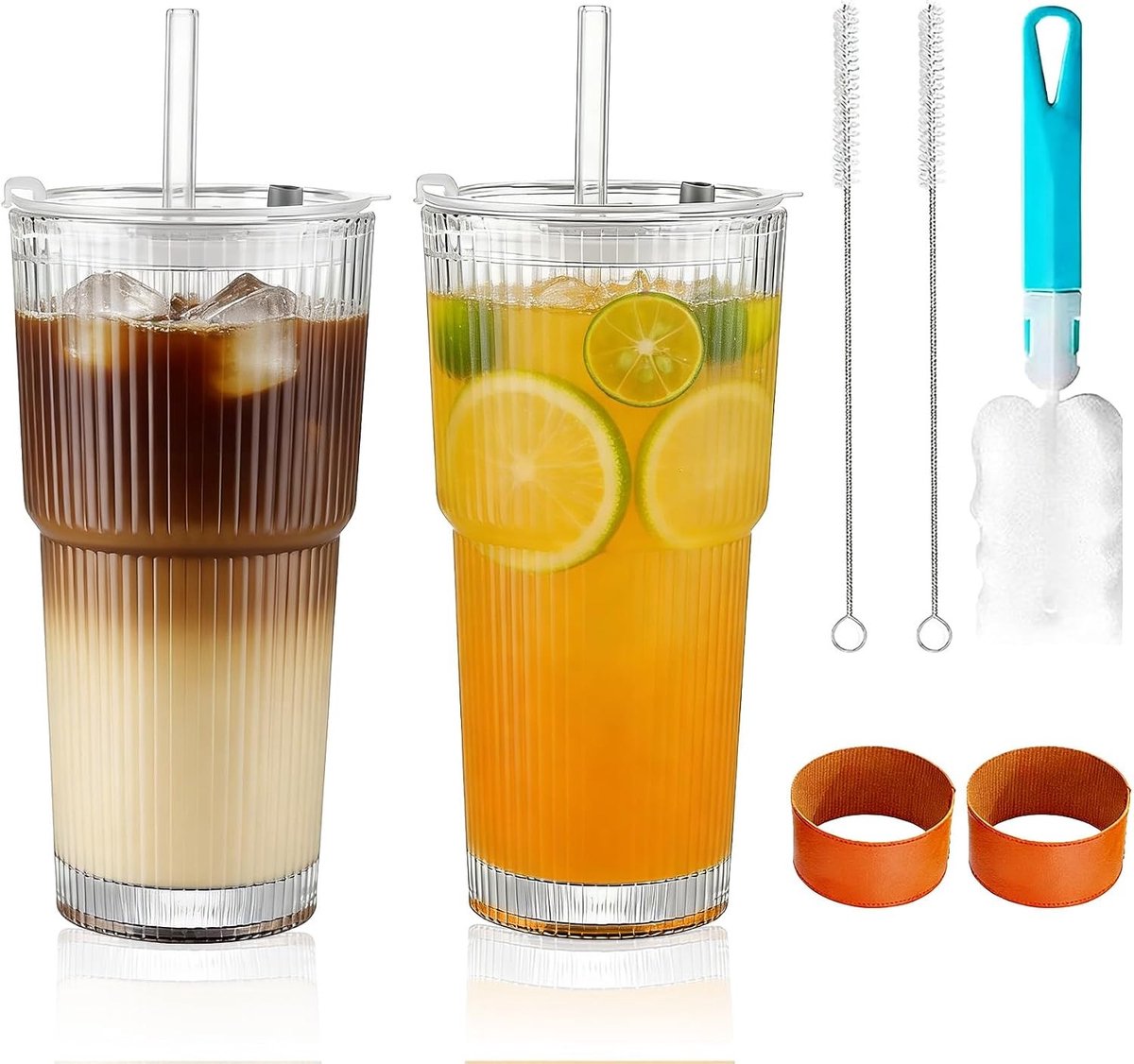 Ribbelglas drinkbekers met deksel - Set van 2 - 600ml - Ideaal voor koffie, thee en smoothies