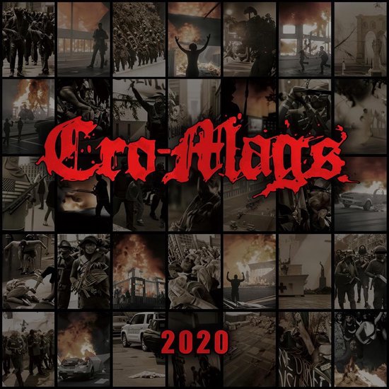 Collage van beelden met "Cro-Mags 2020" in rood, met op de achtergrond rellen, vuur en protesten.