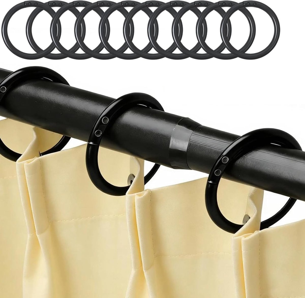 100 Stuks Zwarte Douchestang Ringen, 40mm Haakjes voor Douchestangen, Herbruikbare Ringen voor Gordijnen en Douchegordijnen