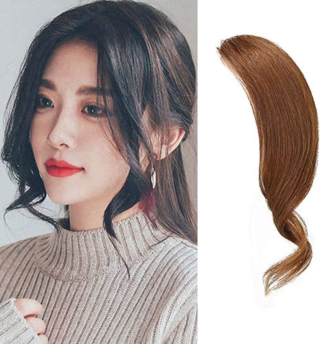 Natuurlijke Wavy Bangs Haarstukjes voor Franse Pony - Echte Menselijke Haarextensions in Lichtbruin - Perfect voor Volumineuze Looks en Stijlvolle Haartransformaties