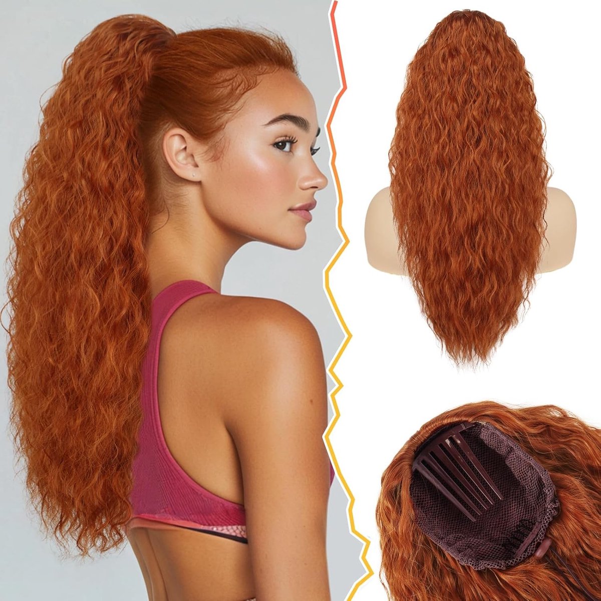 Wavy Ponytail Extensions met Trekkoord in Koperrood, 22" Krullend Synthetisch Haarstuk voor Vrouwen, Ideaal voor Ponytail Haarverlenging en Haaraccessoires