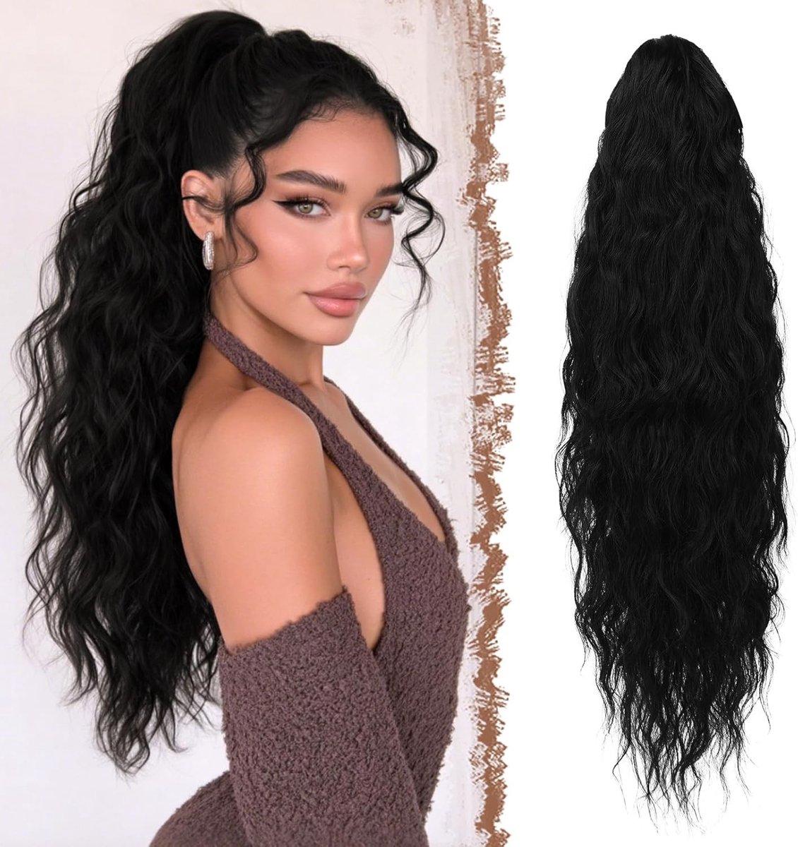 Lang zwarte krullende paardenstaart extensions van synthetisch haar - 65 cm lange wavy haarstuk voor vrouwen met trekkoord