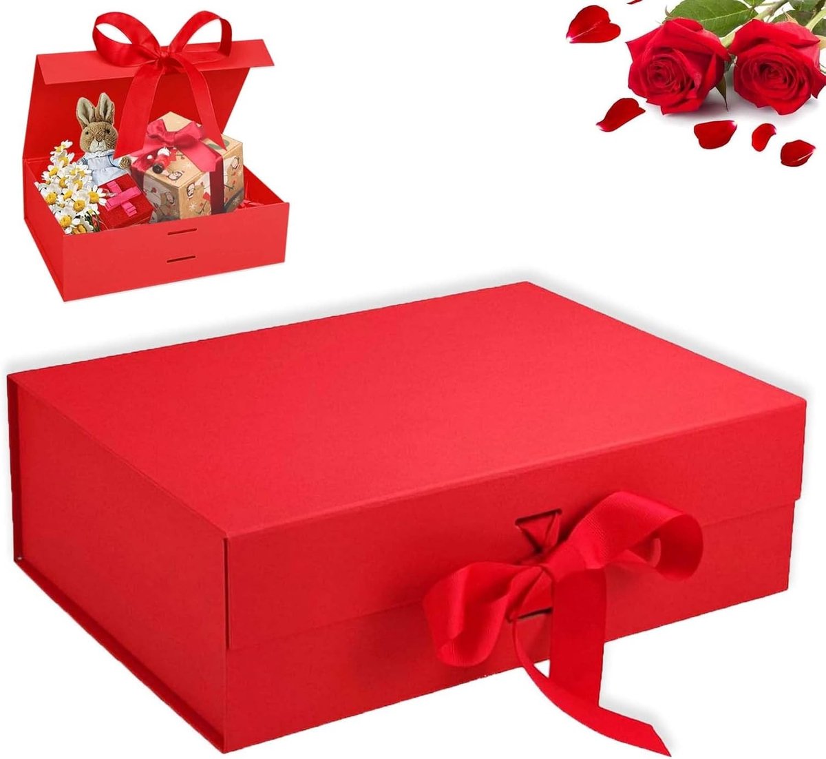 Folding Gift Box met Deksel en Strik, 23 x 17 x 7 cm, Magnetische Cadeaubox voor Verjaardag, Kerst en Jubileum (Rood)