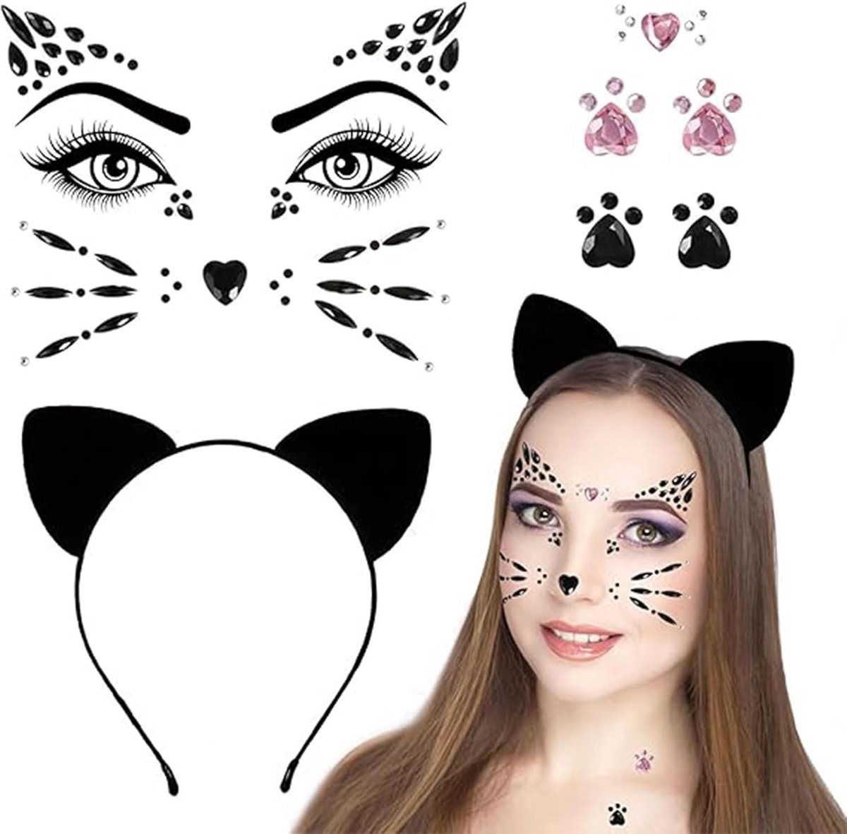 Set van 3 Dierenoren Haarbanden en Gezichtsjuwelen met Stickers voor Make-up en Cosplay Feestjes