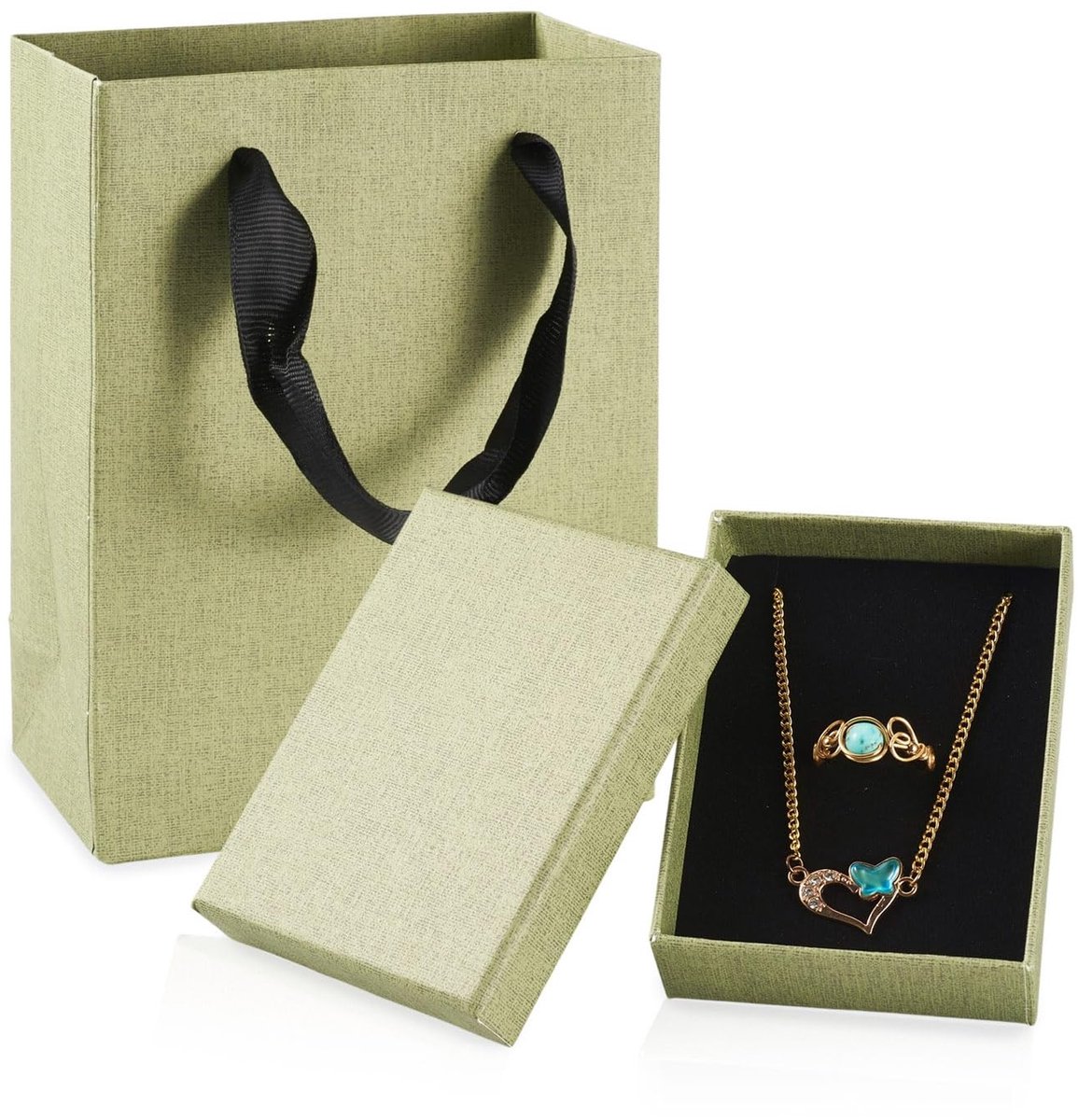 Kartonnen Sieraden Dozen - 3 Stuks met Papieren Geschenktassen - Donker Zeegroen