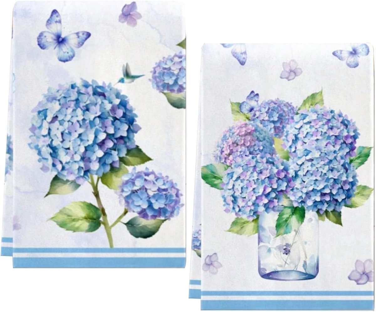 Blauwe Hortensia Microvezel Keukenhanddoeken 60 x 40 cm - 2 Stuks, Ideaal voor Droogdoeken en Organisatie in de Keuken