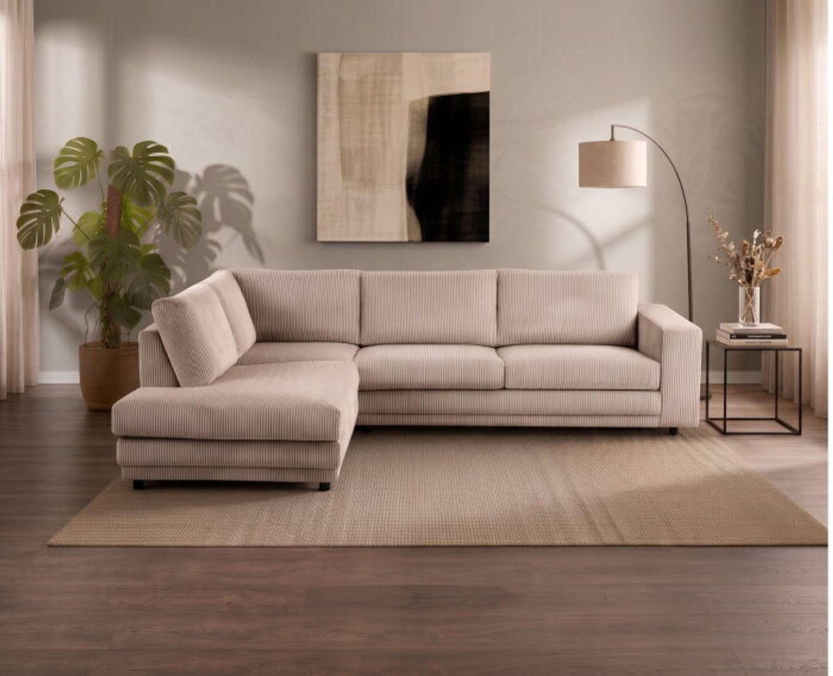 Hoekbank Livaro Beige - Zoom 19 Ribstof – Ottomane Links – 261x204 cm