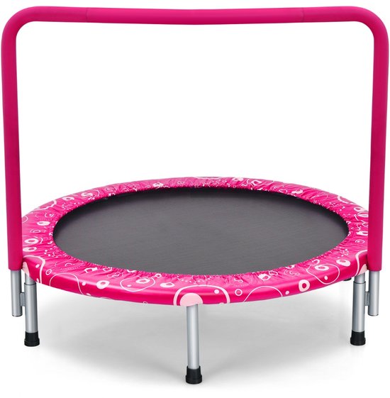 Roze mini trampoline met cirkelpatroon en zilveren poten. Zwarte springmat.