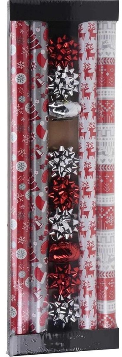 Cadeaupapierset - Inpakpapier set - Kerstcadeaus inpakken - Knikvrij papier - 200 x 70 cm - Zilver rood