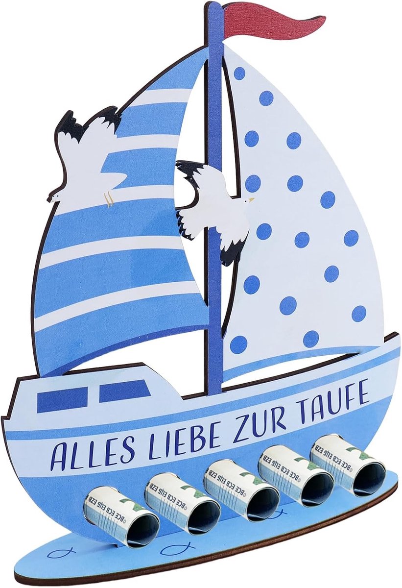 Houten Zeilboot met Pedestal als Doopcadeau voor Jongens en Meisjes, Blauw/Roze, Uniek en Persoonlijk Geschenk