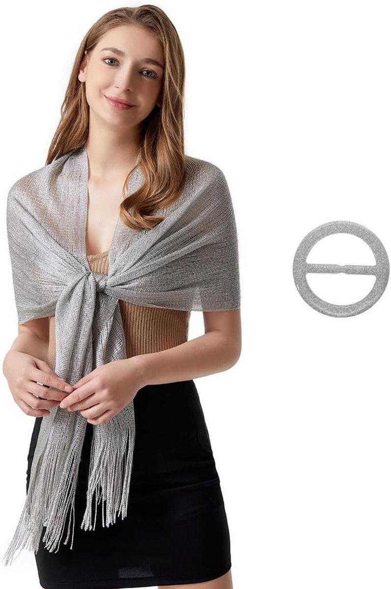 Elegante Dames Sjaal in Metallic Zilver met Gesp - Perfect voor Bruidsmeisjes en Avondjurken