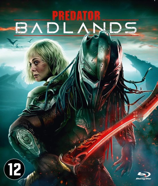 Pochette Blu-ray Predator Badlands : Une femme aux cheveux blonds et un Predator avec un couteau rouge.