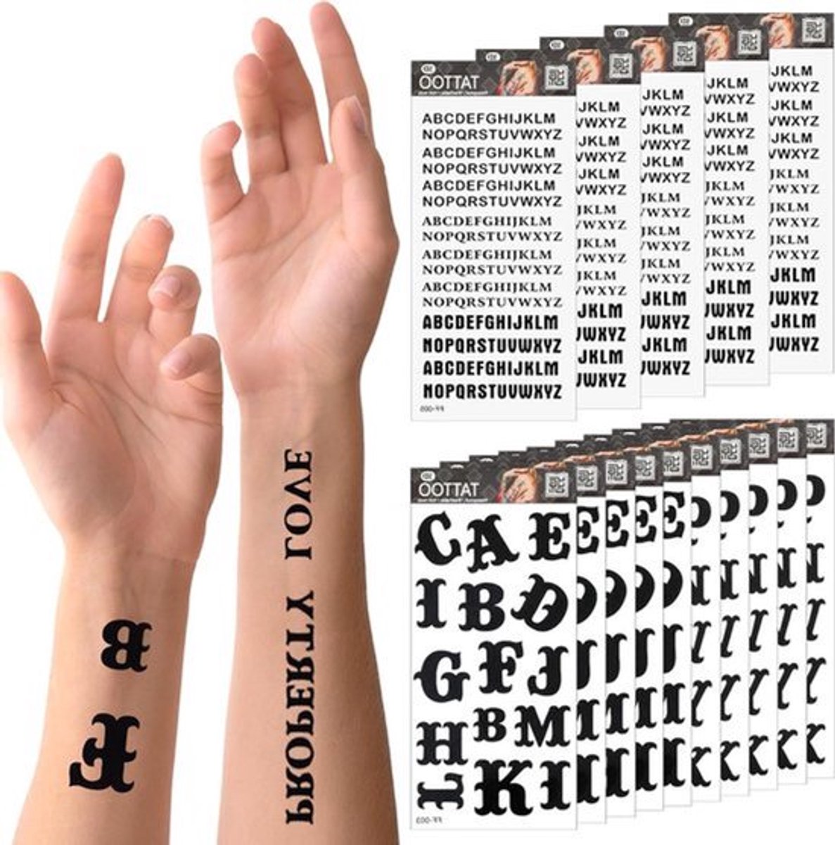 20 vellen zelfklevende lettertatoeages - 5 verschillende letterstijlen - waterdichte zwarte nep-tatoeagestickers voor DIY - voor vrouwen en mannen