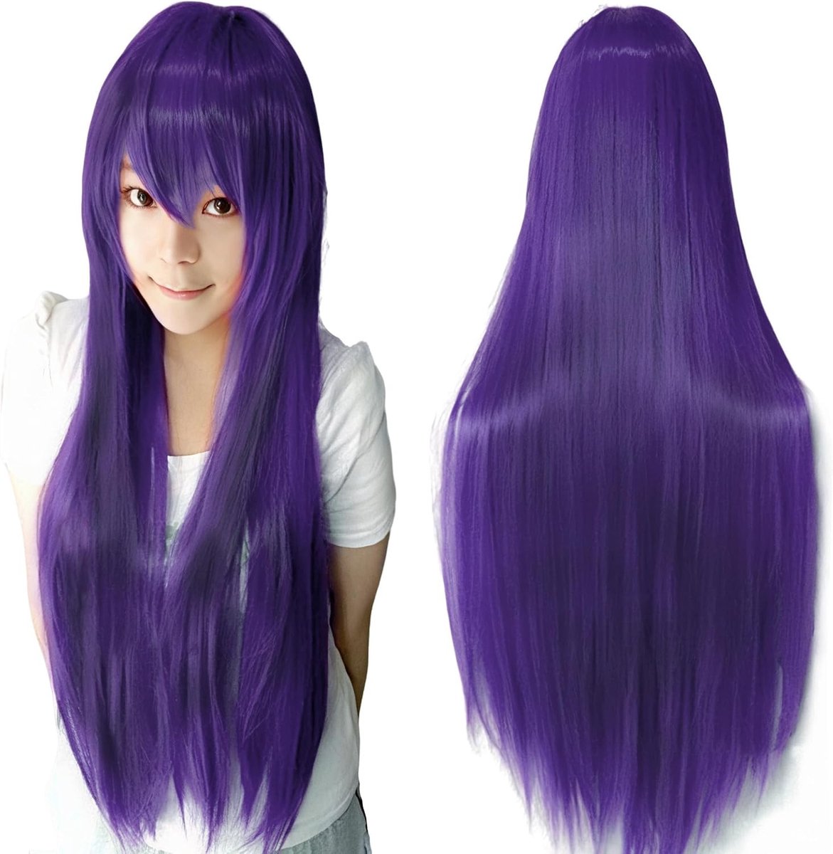 80 cm Lange Rechte Natuurlijke Haar Cosplay Peruk met Pony voor Kleurrijke Halloween Kostuum Feest voor Meisjes (Donker Paars)