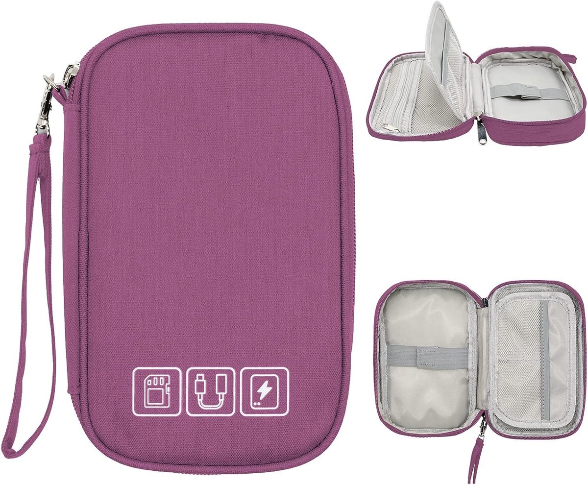 Compacte Waterdichte Kabel Organizer Tas voor Elektronica en Accessoires - Perfect voor Kabels en Opladers, Paars