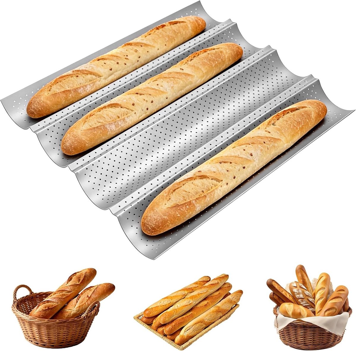 Perforated Bakvorm voor Franse Baguettes, Antiaanbaklaag, Geschikt voor 4 Baguettes, Ideaal voor Thuisbakken en Broodliefhebbers