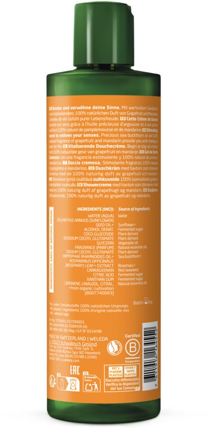 Achterkant van een WELEDA Vitality Shower Cream fles met ingrediëntenlijst en certificeringen.