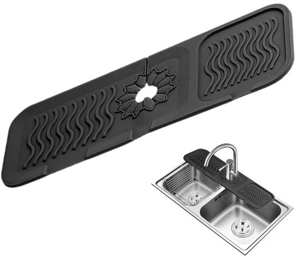 Afruipmat Keuken - Spatwaterdichte mat - Spoelbak Georganiseerd Houden - Verbeterde Waterafvoer - 44 x 13.5 cm - Zwart