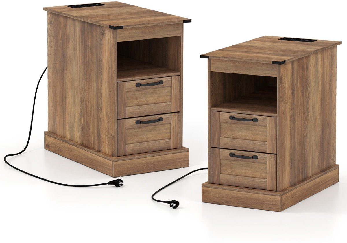 SureDeal® - Nachtkastje - Oplaadstation Smal Bijzettafeltje - Open Opbergvak - Lades - 60x35,5x62 cm - Bruin