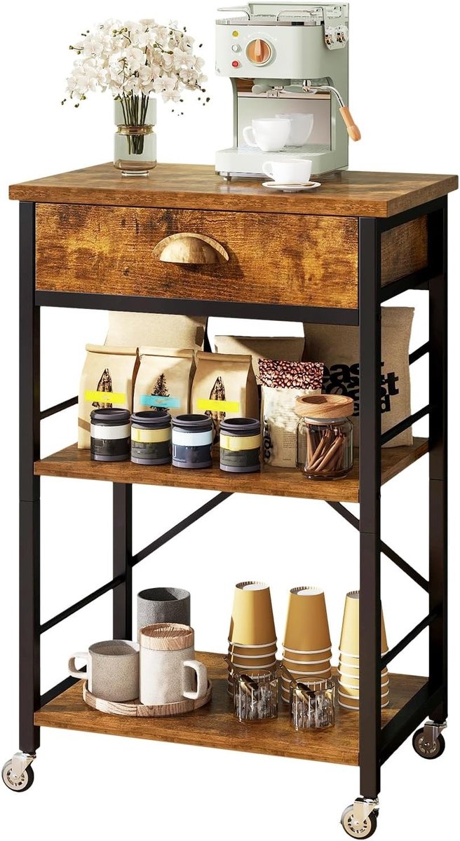 Keukenbakkerij Rek met Lades, 3 Laags Magnetronstandaard met Opslag, Verstelbare Planken en Wielen voor Koffietafel