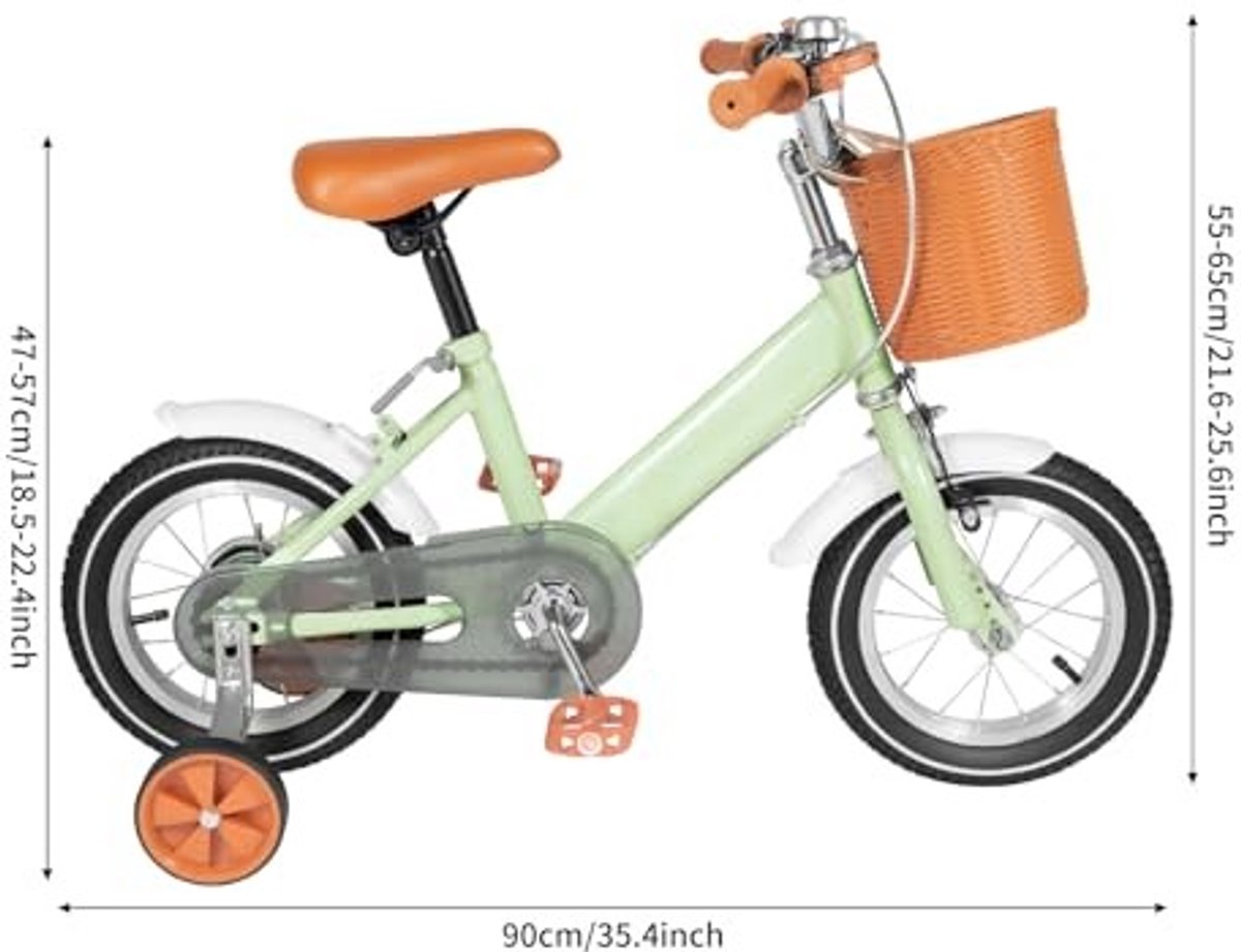 Kinderfiets 12 Inch met Mand en Stabilisatoren - Groen/Geel/Roze