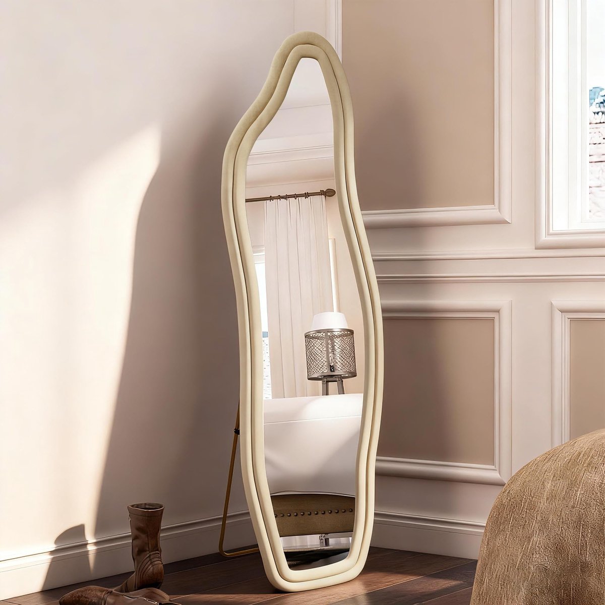 Volledige spiegel met golvend velvet frame - 140 x 45 cm - Goud