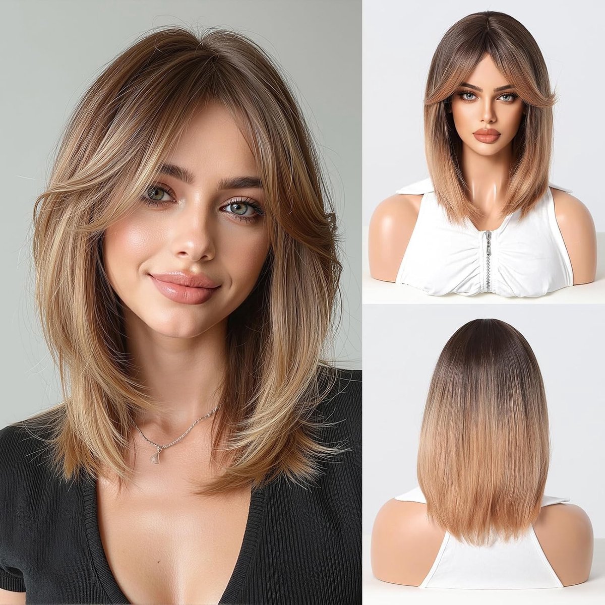 Short Straight Bob Perücke - Donkerblond met Pony 14 inch